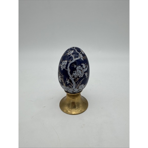 No Brand Other - Multi- blue Tree Print Gold Gilded Egg with Brass Stand.